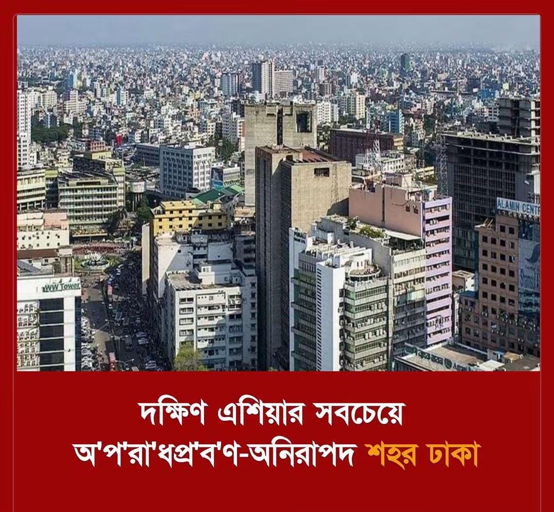 দক্ষিণ এশিয়ার প্রধান শহরগুলোর মধ্যে অপরাধের হারের দিক থেকে শীর্ষ স্থানে অবস্থান করছে বাংলাদেশের রাজধানী ঢাকা।